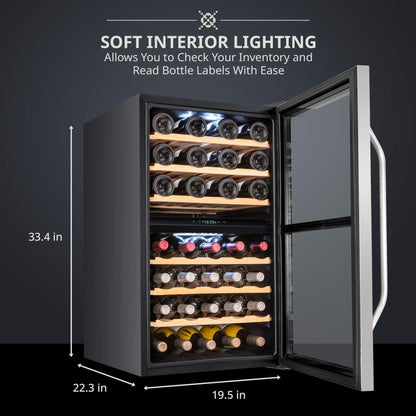Ivation 43 Bottle Freestanding Wine Refrigerator, Dual Zone Wine Fridge with Lock, Stainless Steel - IVFWCC431DLWSS