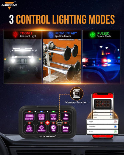 Auxbeam AR-800 RGB Switch Panel with APP+12 Inch 5D-PRO LED Light Bar, Toggle/ Momentary/ Pulsed Mode Supported - GP00012145
