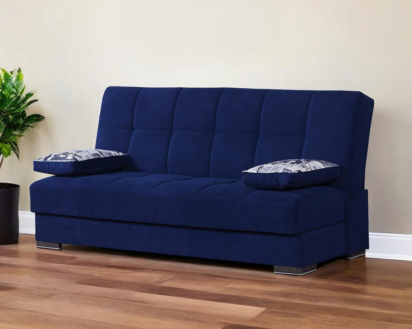 Modway Furniture 75" Navy Blue Chenille Sleeper Sofa with Stylish Brown Legs & Toss Pillows - Modern Comfort Piece - 518148-HOMEROOTS