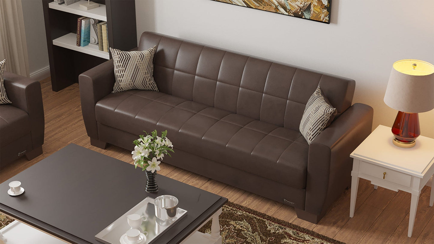 Modway Furniture 84" Brown Faux Leather Sleeper Sofa with Toss Pillows – Stylish, Durable, and Perfect for Any Room! - 520153-HOMEROOTS