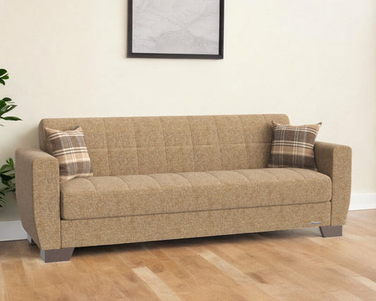 Modway Furniture 84" Beige Chenille Sleeper Sofa with Toss Pillows - Luxurious Comfort & Stylish Brown Legs - 520155-HOMEROOTS