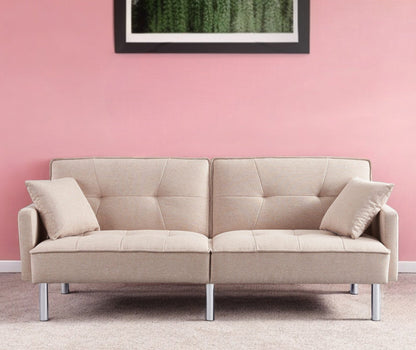 Modway Furniture 85" Beige Polyester Blend Convertible Futon Sofa with Silver Legs & Toss Pillows - Stylish Comfort! - 544952-HOMEROOTS