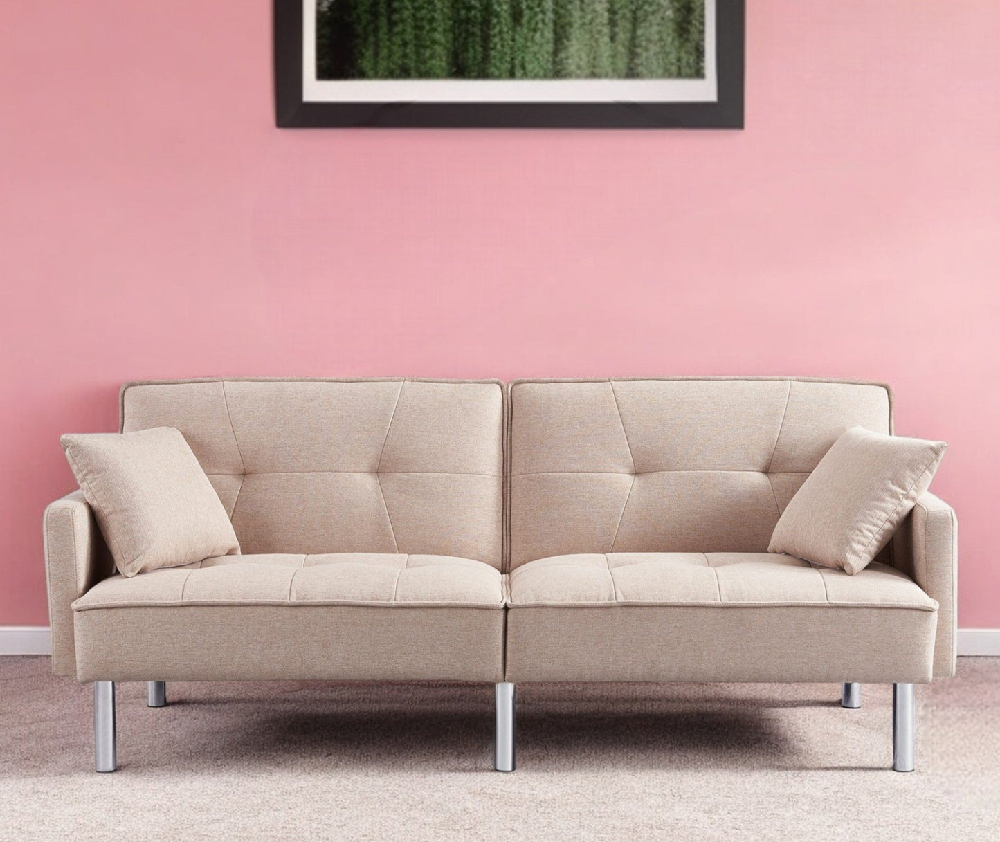 Modway Furniture 85" Beige Polyester Blend Convertible Futon Sofa with Silver Legs & Toss Pillows - Stylish Comfort! - 544952-HOMEROOTS