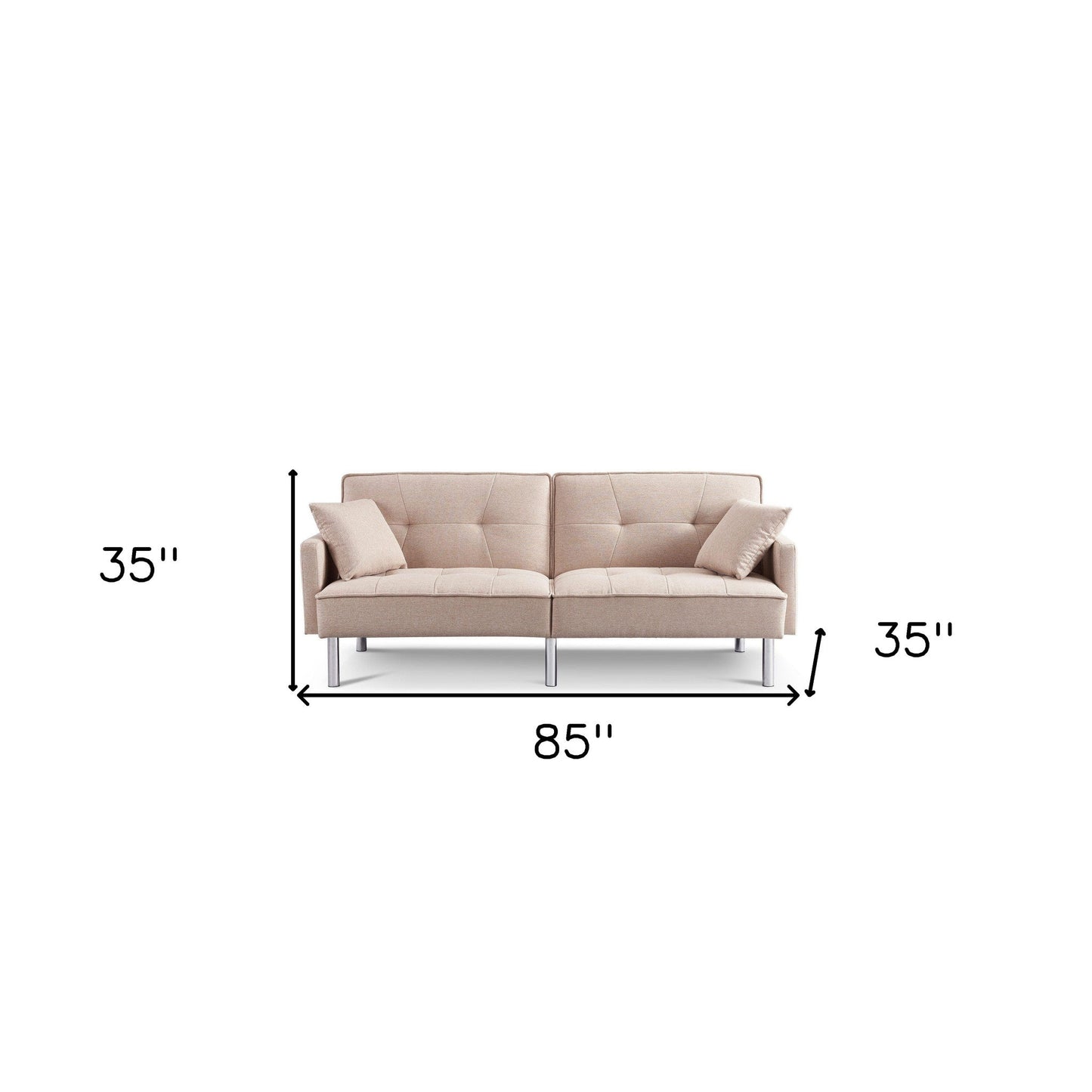 Modway Furniture 85" Beige Polyester Blend Convertible Futon Sofa with Silver Legs & Toss Pillows - Stylish Comfort! - 544952-HOMEROOTS
