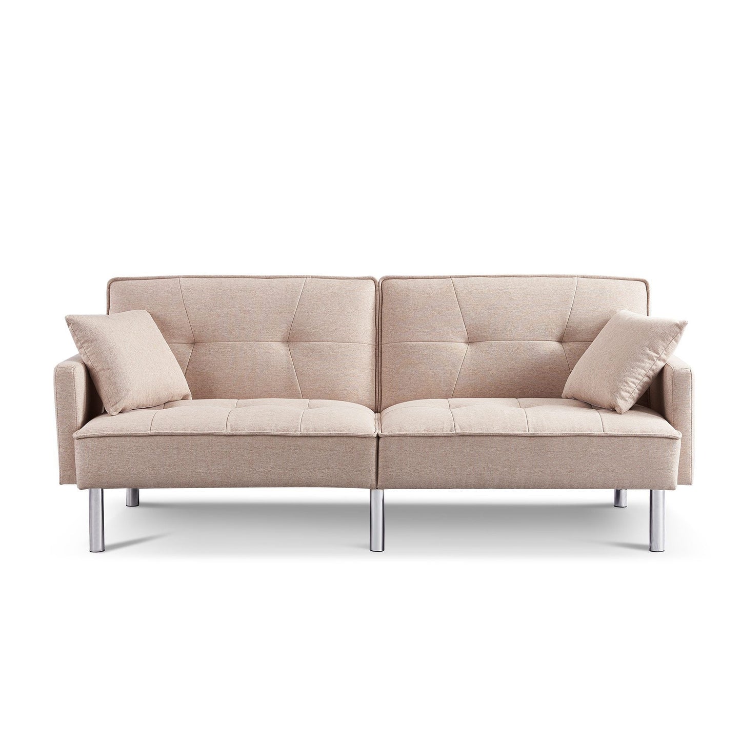 Modway Furniture 85" Beige Polyester Blend Convertible Futon Sofa with Silver Legs & Toss Pillows - Stylish Comfort! - 544952-HOMEROOTS