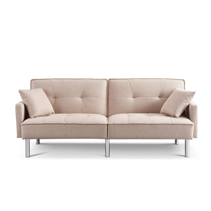 Modway Furniture 85" Beige Polyester Blend Convertible Futon Sofa with Silver Legs & Toss Pillows - Stylish Comfort! - 544952-HOMEROOTS