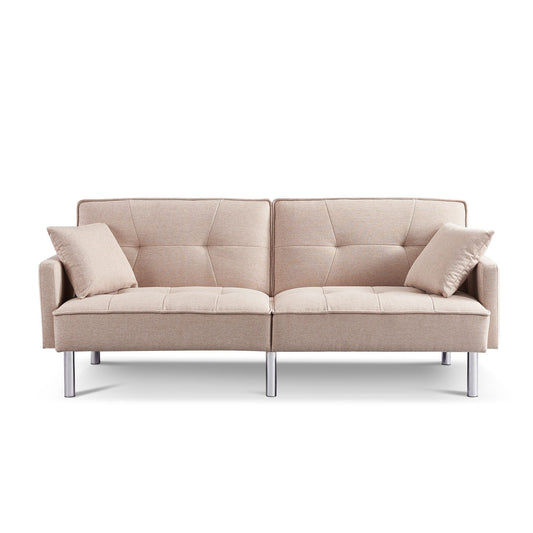 Modway Furniture 85" Beige Polyester Blend Convertible Futon Sofa with Silver Legs & Toss Pillows - Stylish Comfort! - 544952-HOMEROOTS