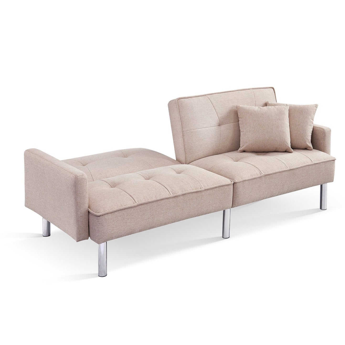 Modway Furniture 85" Beige Polyester Blend Convertible Futon Sofa with Silver Legs & Toss Pillows - Stylish Comfort! - 544952-HOMEROOTS