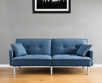 Modway Furniture 85" Blue Polyester Blend Convertible Futon Sofa with Silver Legs, Pillows & Stylish Tufted Design - 544953-HOMEROOTS