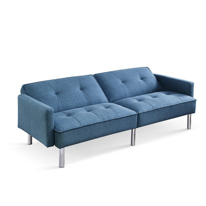 Modway Furniture 85" Blue Polyester Blend Convertible Futon Sofa with Silver Legs, Pillows & Stylish Tufted Design - 544953-HOMEROOTS