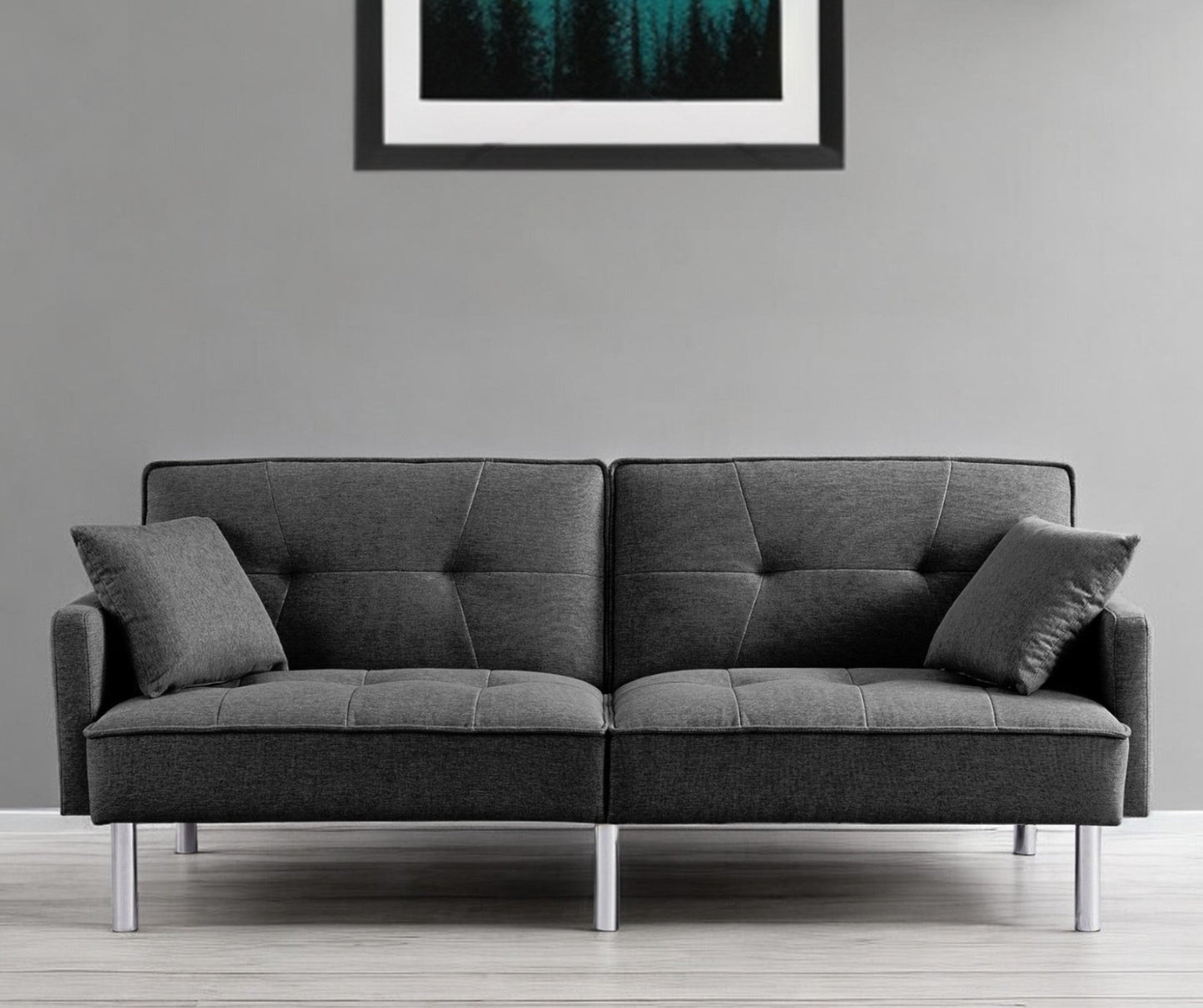 Modway Furniture 85" Dark Gray Convertible Futon Sofa with Silver Legs, Soft Polyester Blend & Stylish Toss Pillows - 544955-HOMEROOTS