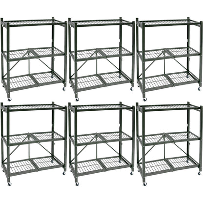 Origami R3 Foldable 3-Tiered Shelf Storage Rack & Wheels, Pewter (6 Pack) - 253009