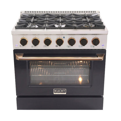 Kucht 36" Pro-Style Propane Gas Dual Fuel Range in Black with Gold Accents, KDF362/LP-K-GOLD - KDF362/LP-K-GOLD