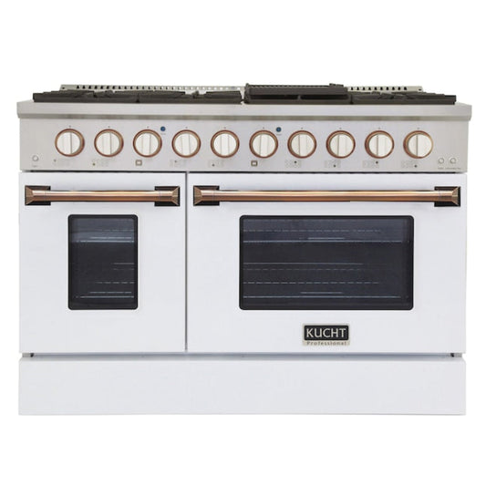 Kucht 48" Pro-Style Natural Gas Dual Fuel Range in White with Gold Accents - KDF482-W-GOLD