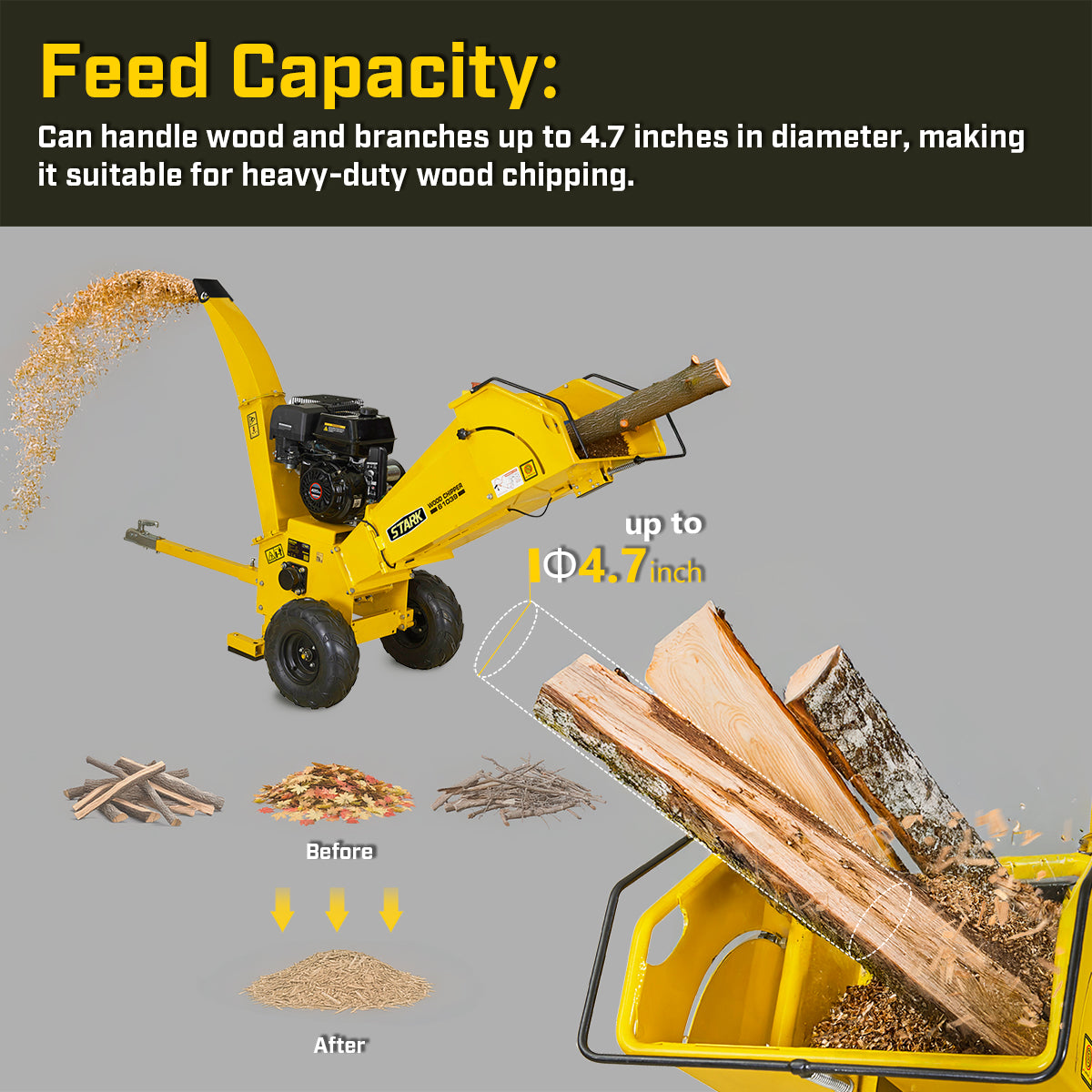 Stark USA 14HP Wood Chipper Gas 420cc Leaf Shredder Mulcher with Towbar/Tail - 61039
