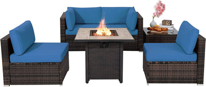 Tangkula 6 Piece Outdoor Rattan Sofa Set with 30in Propane Gas Fire Table - OP70520+HW68691ADK+