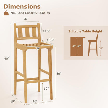 Tangkula Teak Wood Bar Stool, 30” Bar Chair with Footrest & Backrest - 4*JV11896