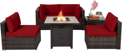Tangkula 6 Piece Outdoor Rattan Sofa Set with 30in Propane Gas Fire Table - OP70520+HW68691ADK+