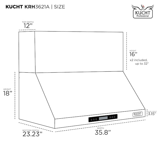 Kucht Professional 36" Wall Mount Range Hood 900 CFM in Stainless Steel, KRH3621A