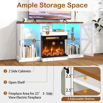Tangkula 58” Fireplace TV Stand with 23” 3-Side Glass Electric Fireplace - HV10481WH+FP10806US-BK