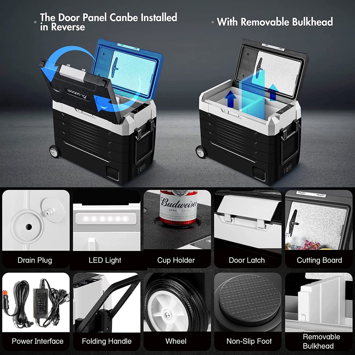 AOBOSI Portable Fridge on Wheels with Foldable Handles 59qt/55L - CE-EA55-BKW