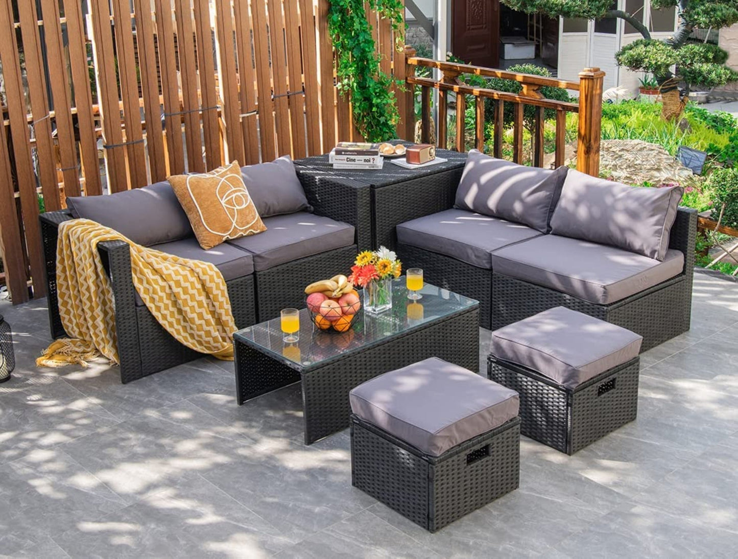 Tangkula 8-Piece Patio Furniture Set with Cover, 2 Ottomans, 2 Armless Sofas & Corner Sofas - HW68605WH+