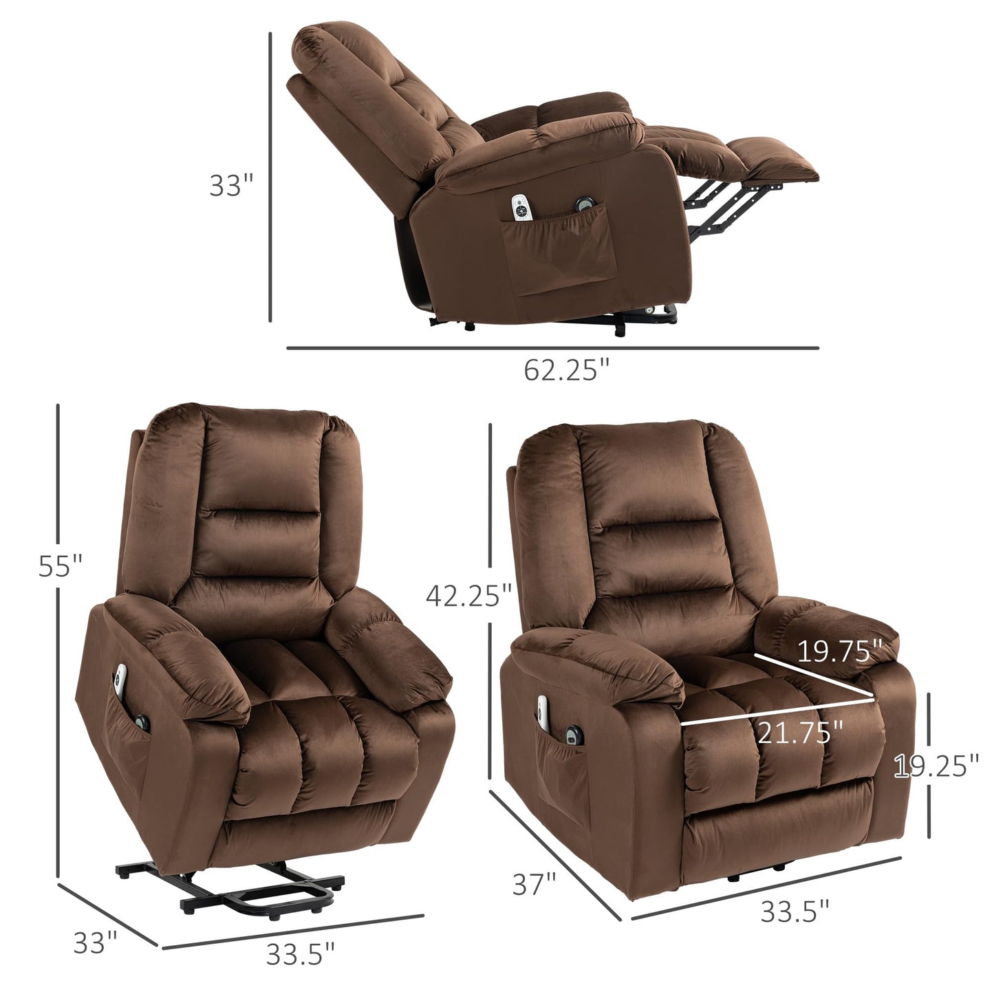 HomCom Lift Recliner Chair, Ergonomic Massage Chair with 4 Positions and Heating, Fabric Overstuffed Living Room Chairs with Side Pockets, Dark Brown - B0CTY2JHYZ-1