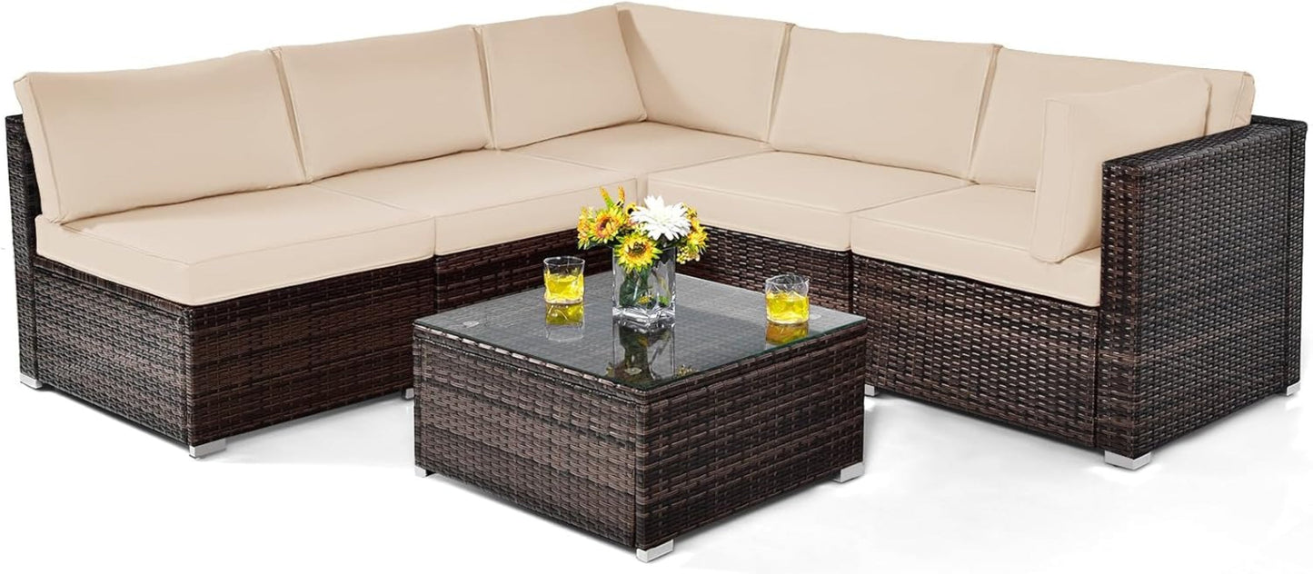Tangkula 6 Pieces Patio Furniture Set, Outdoor Wicker Conversation Set with Glass Coffee Table - HW67937WH+