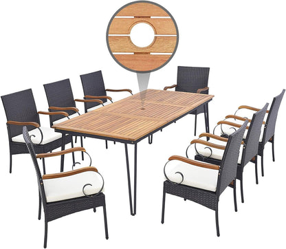 Tangkula Patio Rattan Dining Set for 8, Acacia Wood Table Top - HW71588+2*HW70831-4