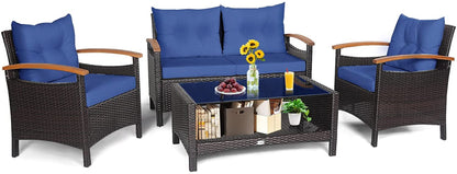 Tangkula 4 Piece Patio Rattan Conversation Set, Outdoor Wicker Sofa Set W/2-Layer Coffee Table - HW69469WH+