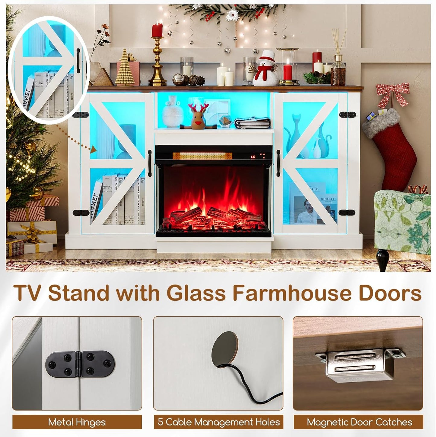 Tangkula 58” Fireplace TV Stand with 23” 3-Side Glass Electric Fireplace - HV10481WH+FP10806US-BK