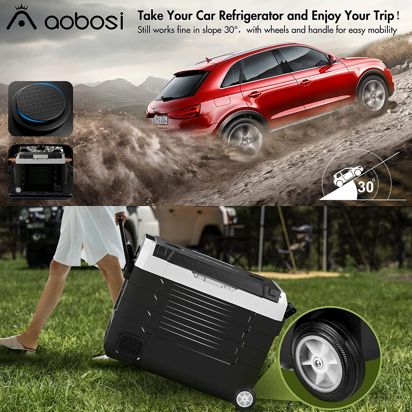 AOBOSI Portable Fridge on Wheels with Foldable Handles 59qt/55L - CE-EA55-BKW