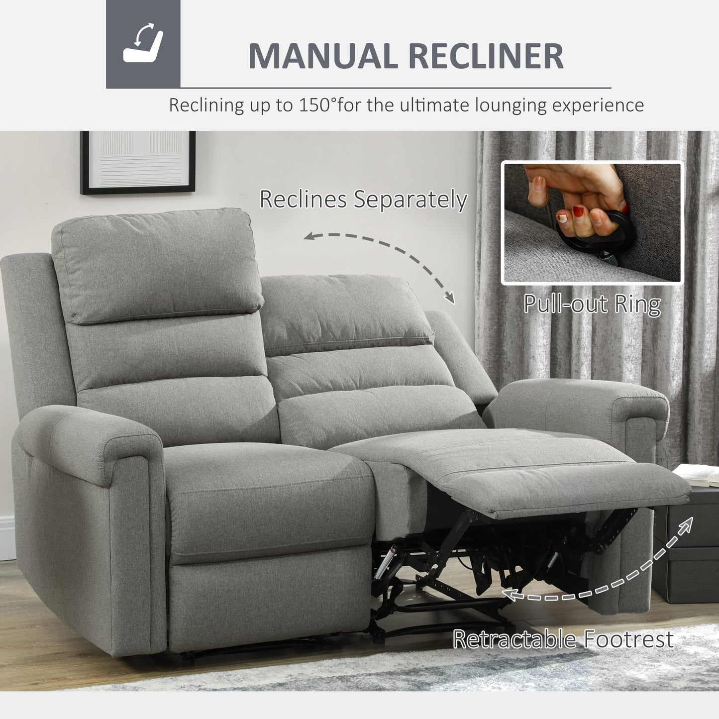 HomCom 2 Seater Recliner Sofa with Manual Pull Tab, Fabric Reclining Sofa, RV Couch, Home - B08TT573TL-1