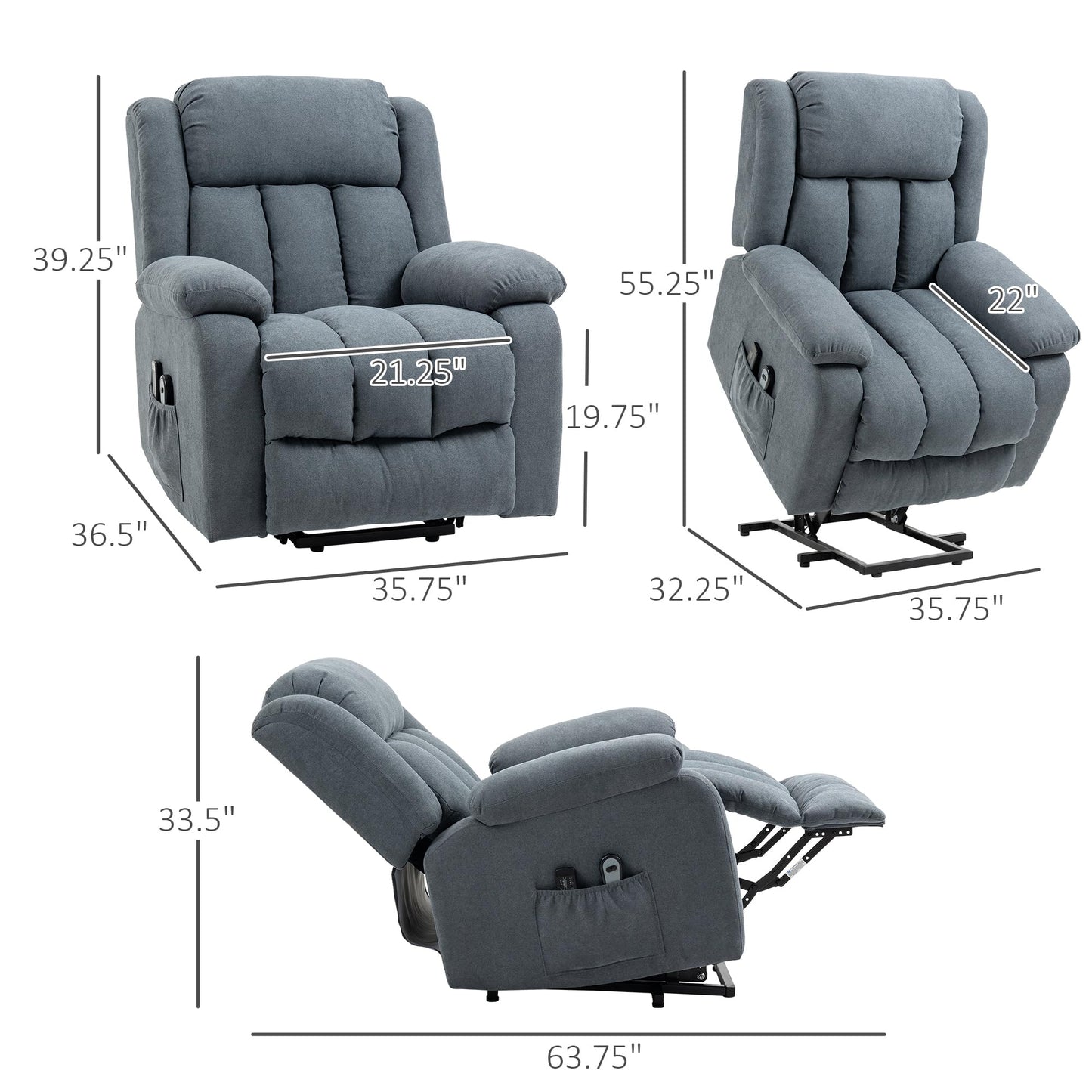 HomCom Power Lift Chair for Elderly Big and Tall with Massage, Linen Fabric Upholstered Recliner - B0B769TVRJ