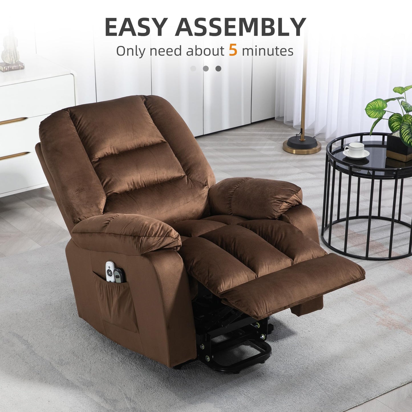 HomCom Lift Recliner Chair, Ergonomic Massage Chair with 4 Positions and Heating, Fabric Overstuffed Living Room Chairs with Side Pockets, Dark Brown - B0CTY2JHYZ-1