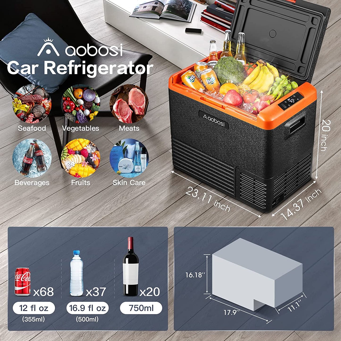AOBOSI 12 Volt Car Refrigerator Single Zone 53qt/50L - CL50