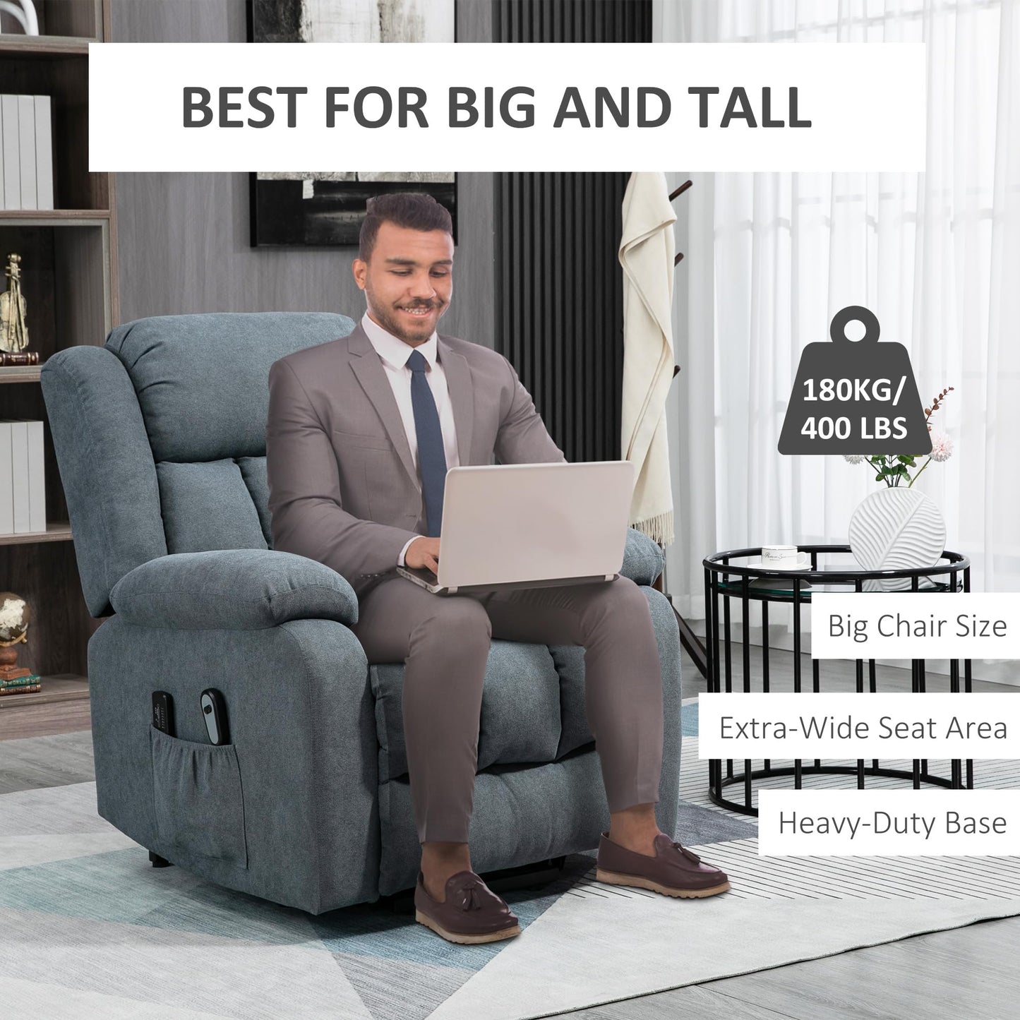 HomCom Power Lift Chair for Elderly Big and Tall with Massage, Linen Fabric Upholstered Recliner - B0B769TVRJ