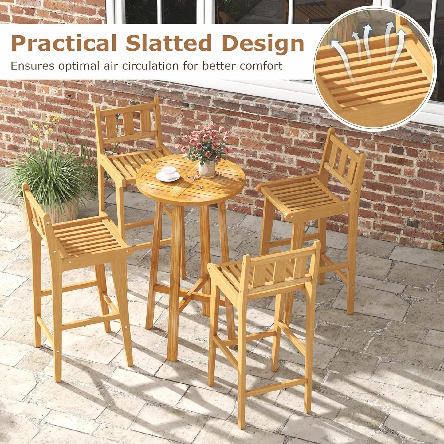 Tangkula Teak Wood Bar Stool, 30” Bar Chair with Footrest & Backrest - 4*JV11896