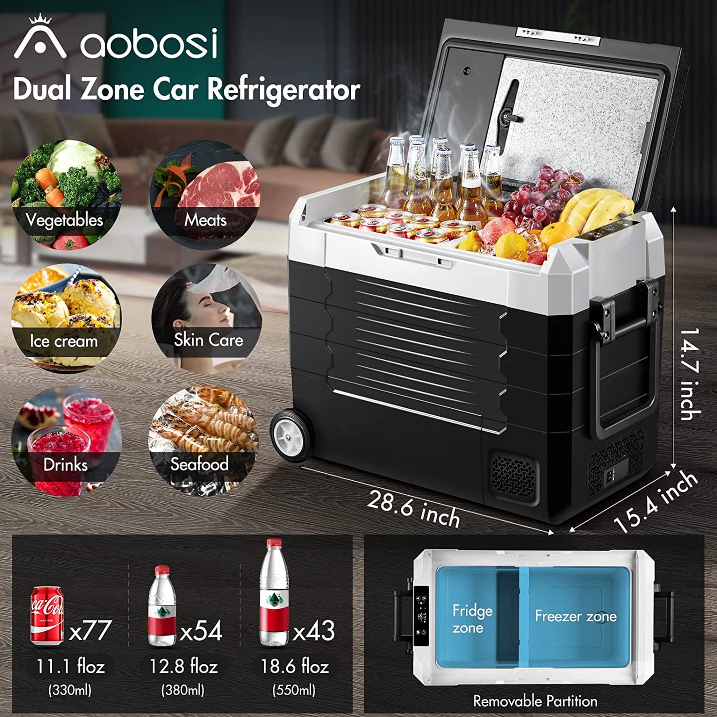 AOBOSI Portable Fridge on Wheels with Foldable Handles 59qt/55L - CE-EA55-BKW