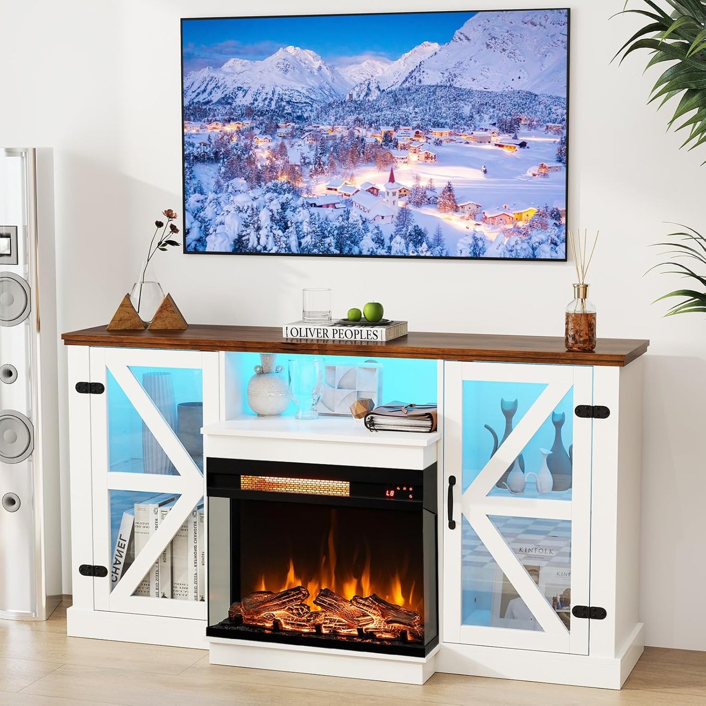 Tangkula 58” Fireplace TV Stand with 23” 3-Side Glass Electric Fireplace - HV10481WH+FP10806US-BK