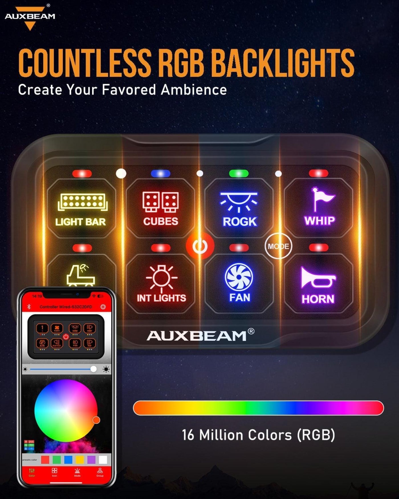 Auxbeam AR-800 RGB Switch Panel with APP+22 Inch 5D-PRO LED Light Bar, Toggle/ Momentary/ Pulsed Mode Supported - GP00012144