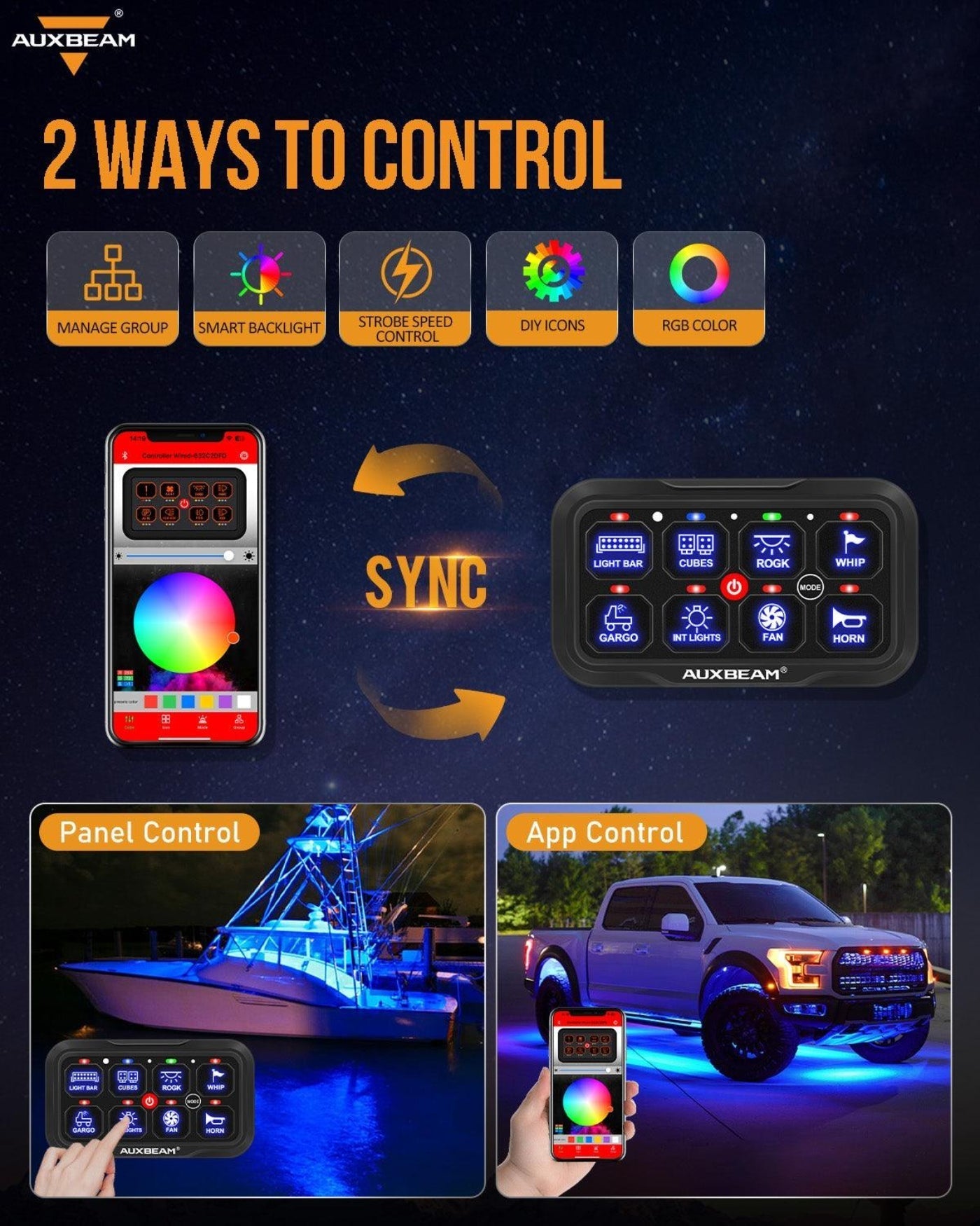 Auxbeam AR-800 RGB Switch Panel with APP+12 Inch 5D-PRO LED Light Bar, Toggle/ Momentary/ Pulsed Mode Supported - GP00012145