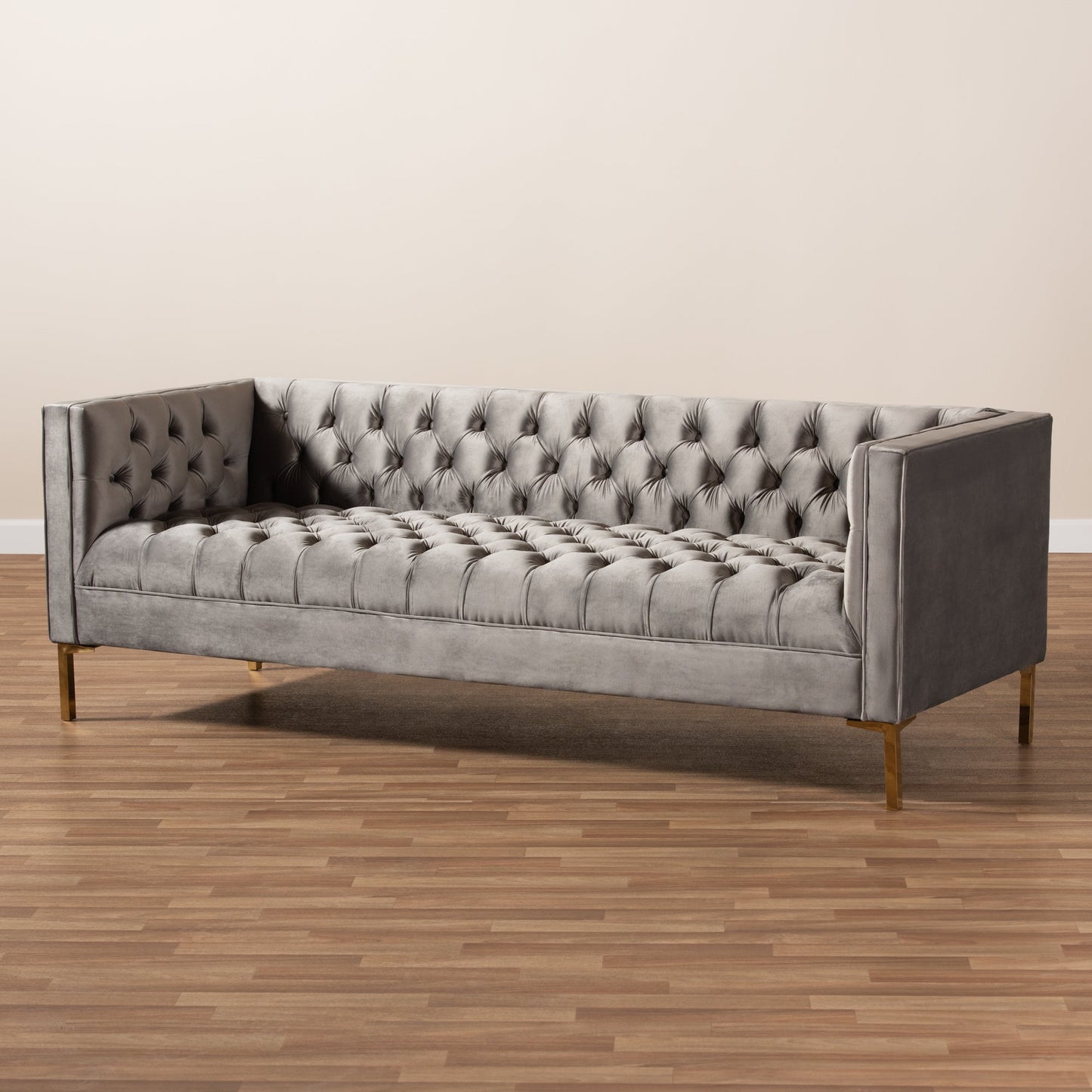 Modway Furniture Zanetta Glam Velvet Sofa - Luxurious Gray Upholstered Design with Gold Legs & Button Tufting Style