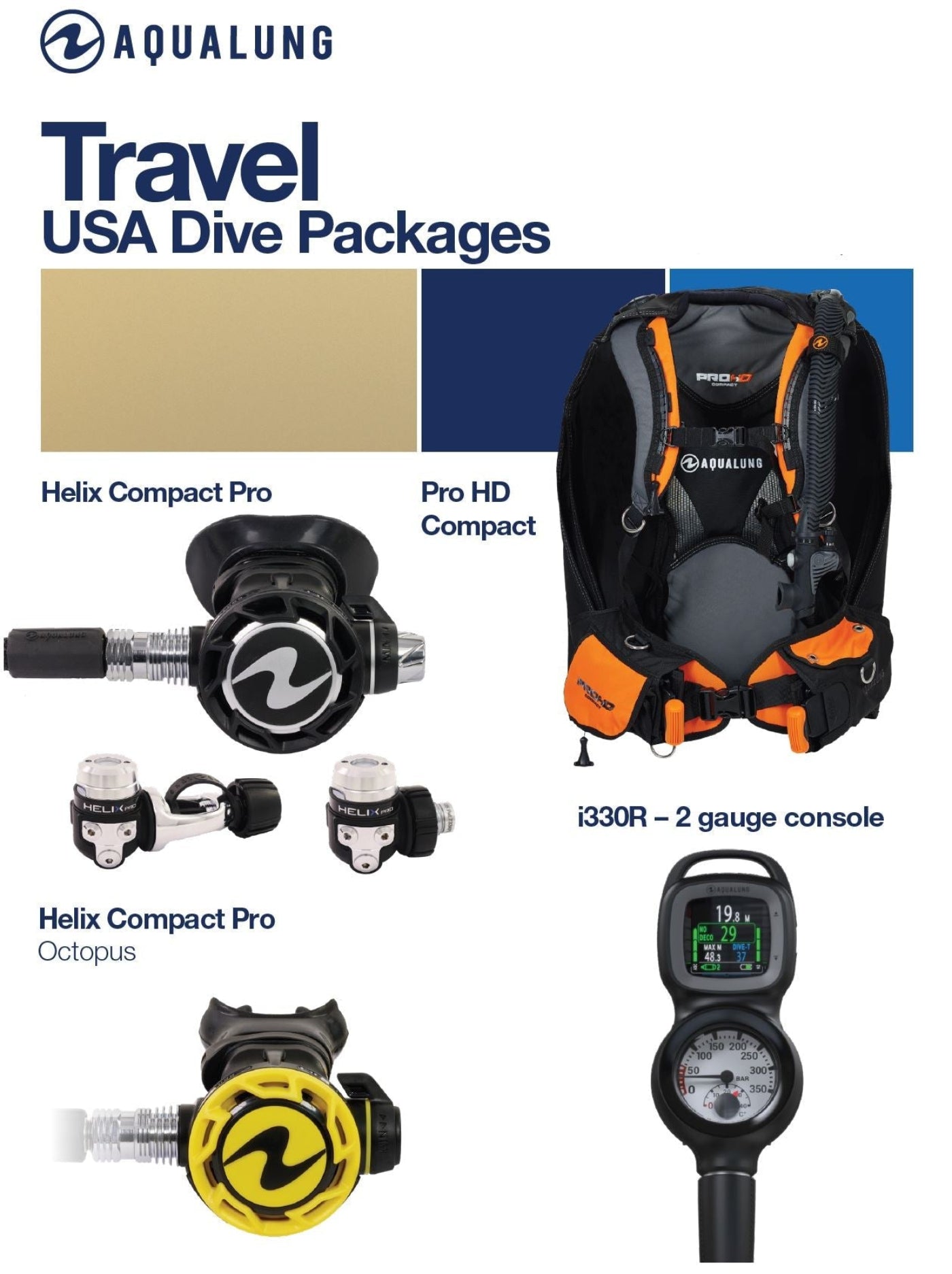 Aqua Lung Travel Package Pro HD Compact BCD, Helix Compact Pro Regulator and Octopus set, i330R, Pressure Gauge -  SCUBAPKG762XS/XS
