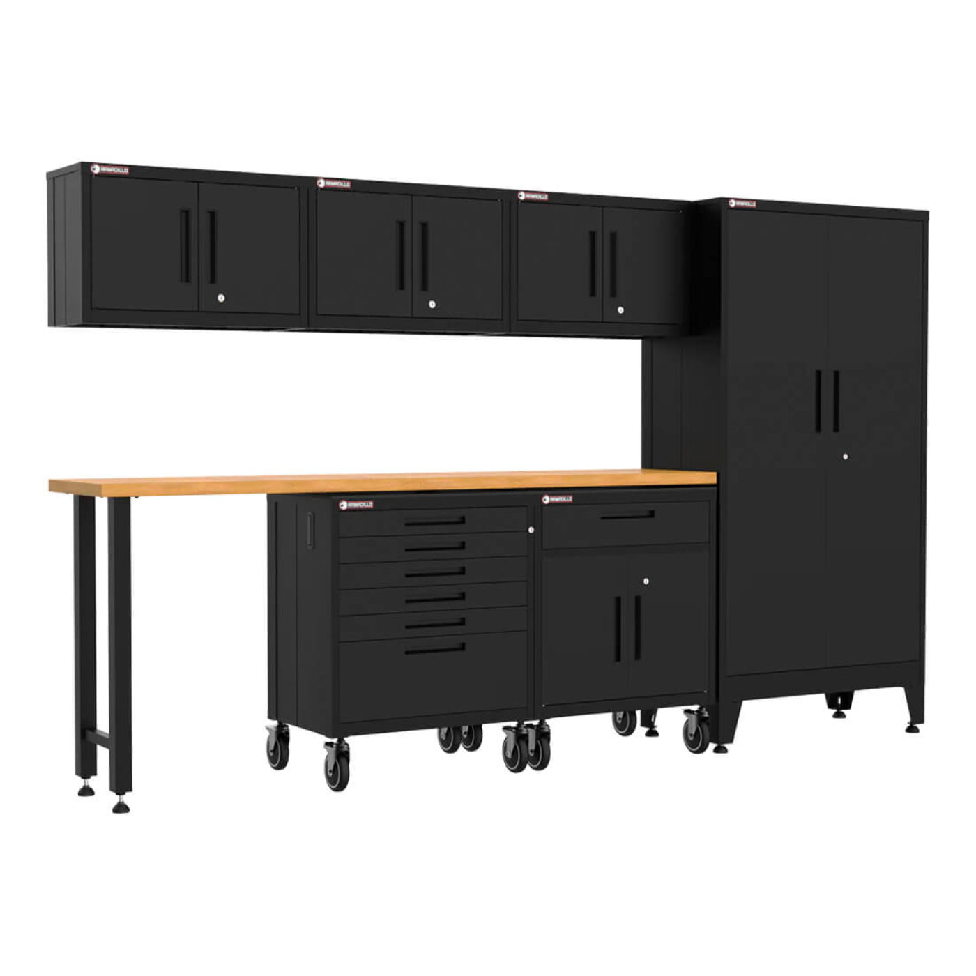 Armadillo Tough Black 7-Piece Garage Cabinet Configuration with Levelers and Casters - AR7PC20B