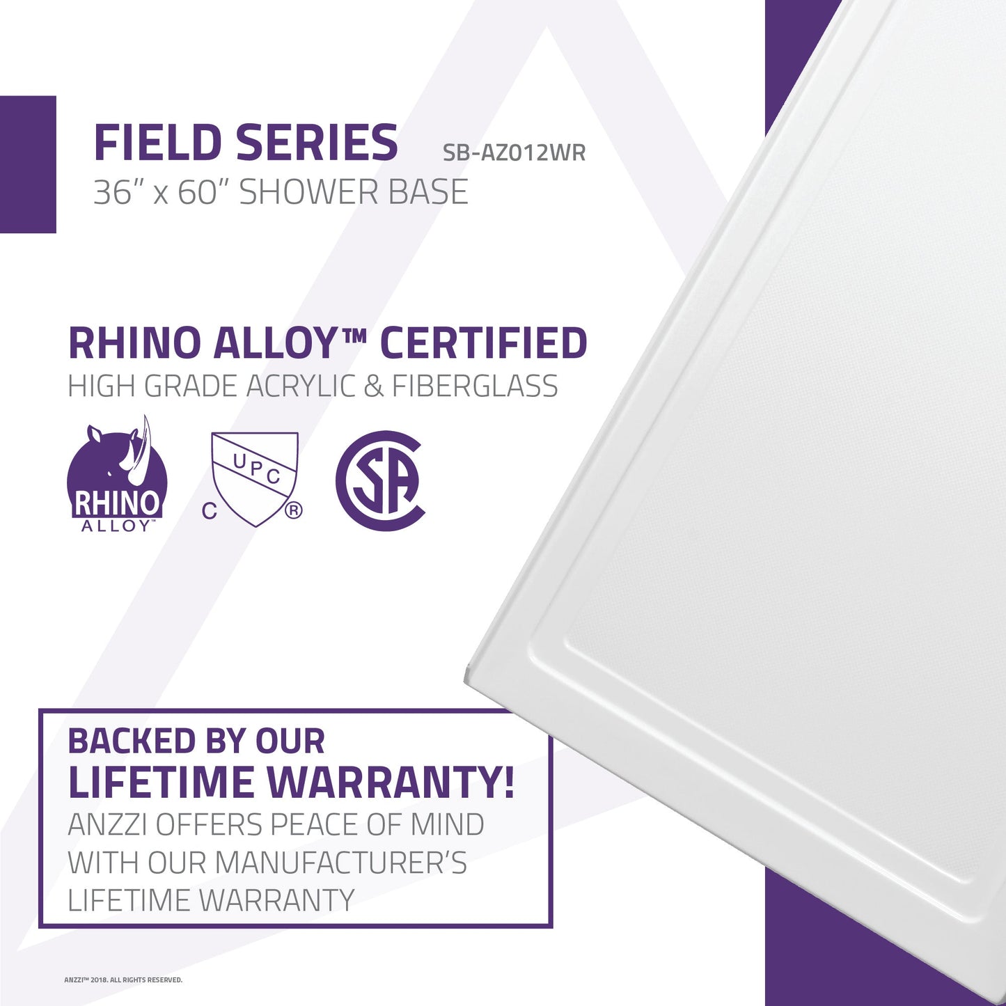 Anzzi Field Series 60 in. x 36 in. Shower Base in White SB-AZ012WR - SB-AZ012WR