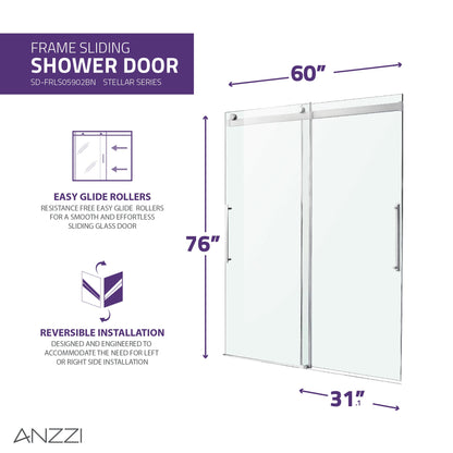 Anzzi Stellar Series 60 in. x 76 in. Frameless Sliding Shower Door with Handle SD-FRLS05902 - SD-FRLS05902BN