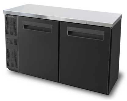 Blue Air | 60" Wide Narrow 2 Door Black Vinyl Stainless Steal Back Bar -  BNB-60BT-HC