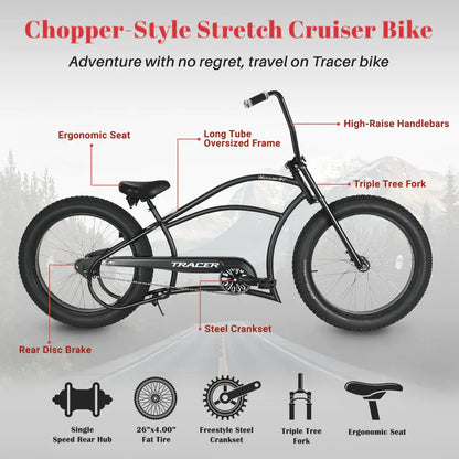 Tracer 26" Harman 1-Speed Classic Chopper Stretch Cruiser Fat Tire Bike