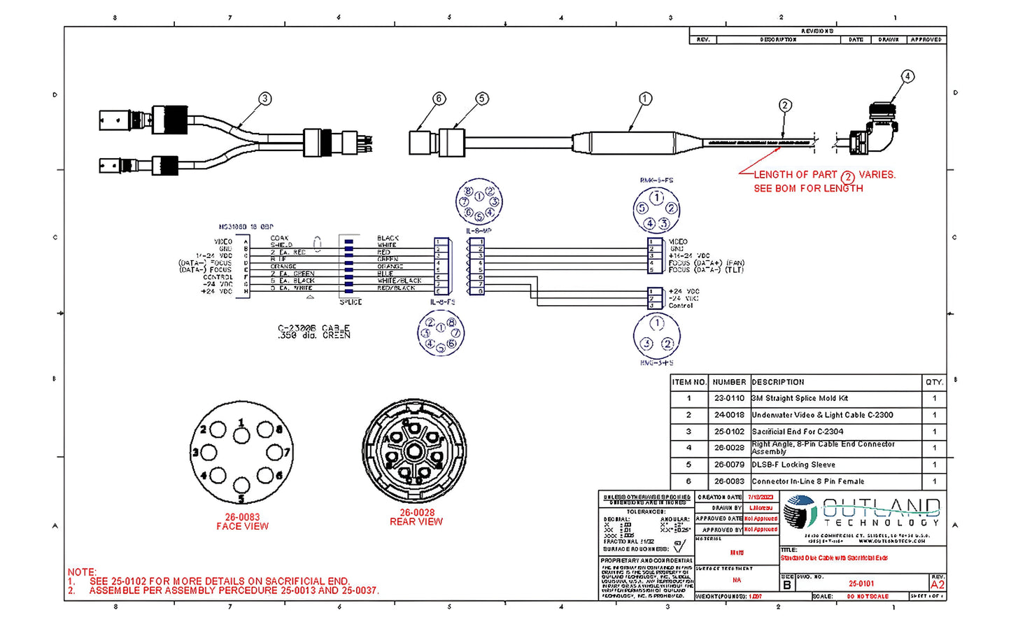 Outland Technology C-2304 Cable Assembly w/ Sacrificial End Connectors - C-2304-100M